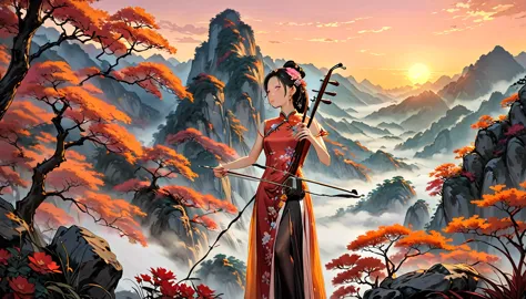 (((from diagonally left behind))), one girl,playing erhu,holding an erhu,(((masterpiece,highest quality))),((good structure,good...