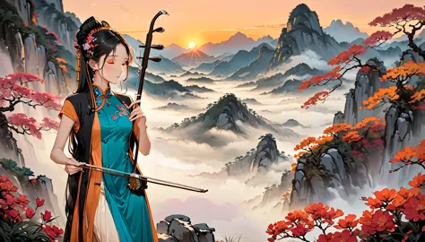 (((from diagonally left behind))), one girl,playing erhu,holding an erhu,(((masterpiece,highest quality))),((good structure,good...