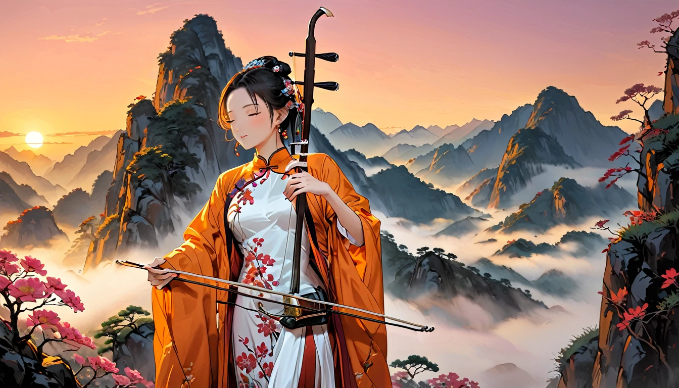 (((From diagonally left behind))), One girl,Playing erhu,Holding an Erhu,(((masterpiece,Highest quality))),((Good structure,Good composition,Good Atomy)), ((clear, original,beautiful)),She is dressed in elegant traditional Chinese clothing, such as a qipao or hanfu which flows beautifully as she plays.The background features a majestic scene of misty Chinese mountains at dawn, with the sky painted in warm hues of orange, pink, and gold, creating a serene and enchanting atmosphere. soft, ethereal lighting enhances the landscape, highlighting the beauty of the moment as the sun rises