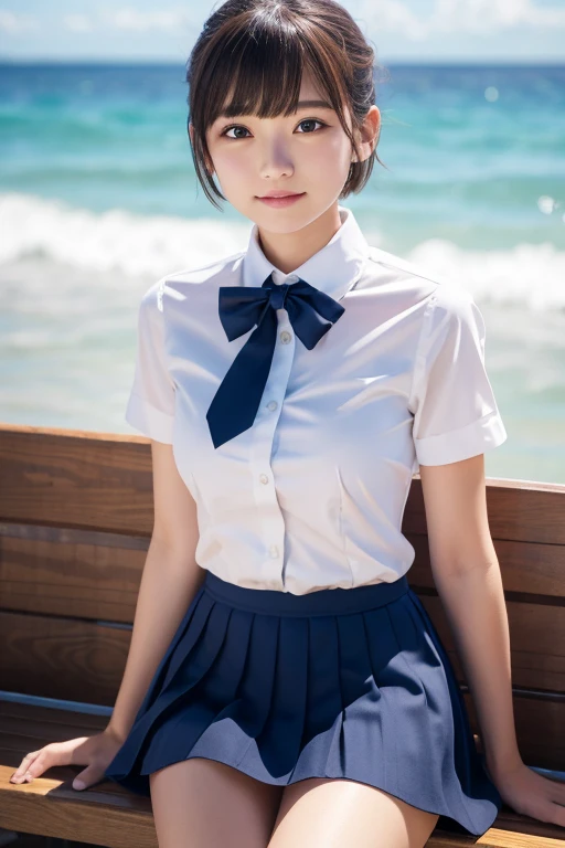 (Tabletop, Highest quality:1.2), 8k, , 85mm, Official Art, RAW Photos, Absurd, White dress shirt, Cute Face, close, Upper Body, Viola Lace, Gardenia, beautiful girl, mini skirt, (Navy Pleated Skirt:1.1), Cinch waist, Thighs, Short sleeve, classroom, ponytail, short hair, short hair, Short Bob, sit on bench seat, Looking at the audience, No makeup, (smile:0.4), Film Grain, chromatic aberration, Sharp focus, Face Light, Bright lighting, Teen, Detailed face, Background blur, (Dark red tie:1.1), Ocean水浴場, Ocean, Sandy Beach, Water&#39;s Edge, 