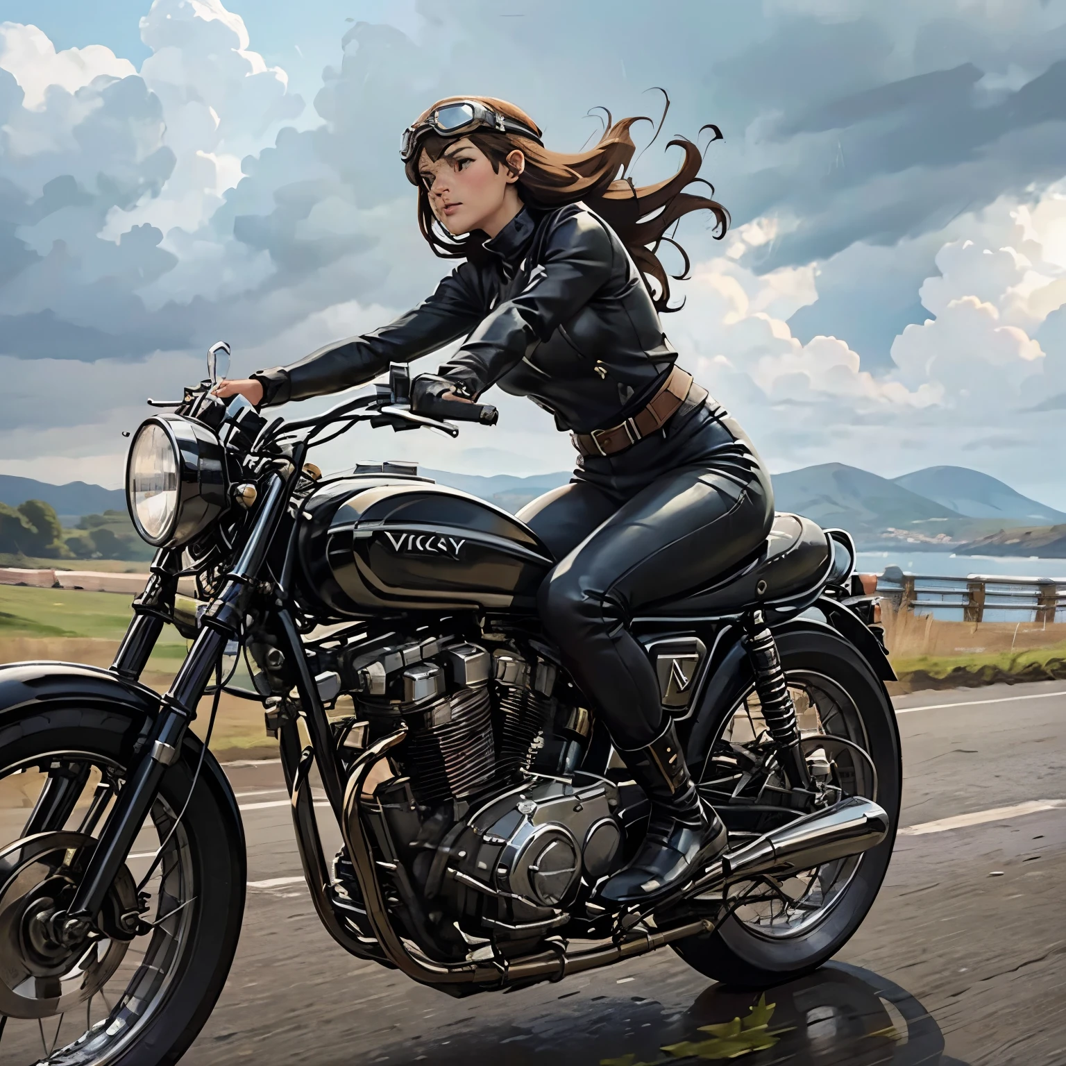 Vintage Bikes、victory、Isle of Man Races、(A young female rider speeds along on a motorcycle)、Leather jumper、Cromwell helmet with goggles、After the Rain、English countryside、