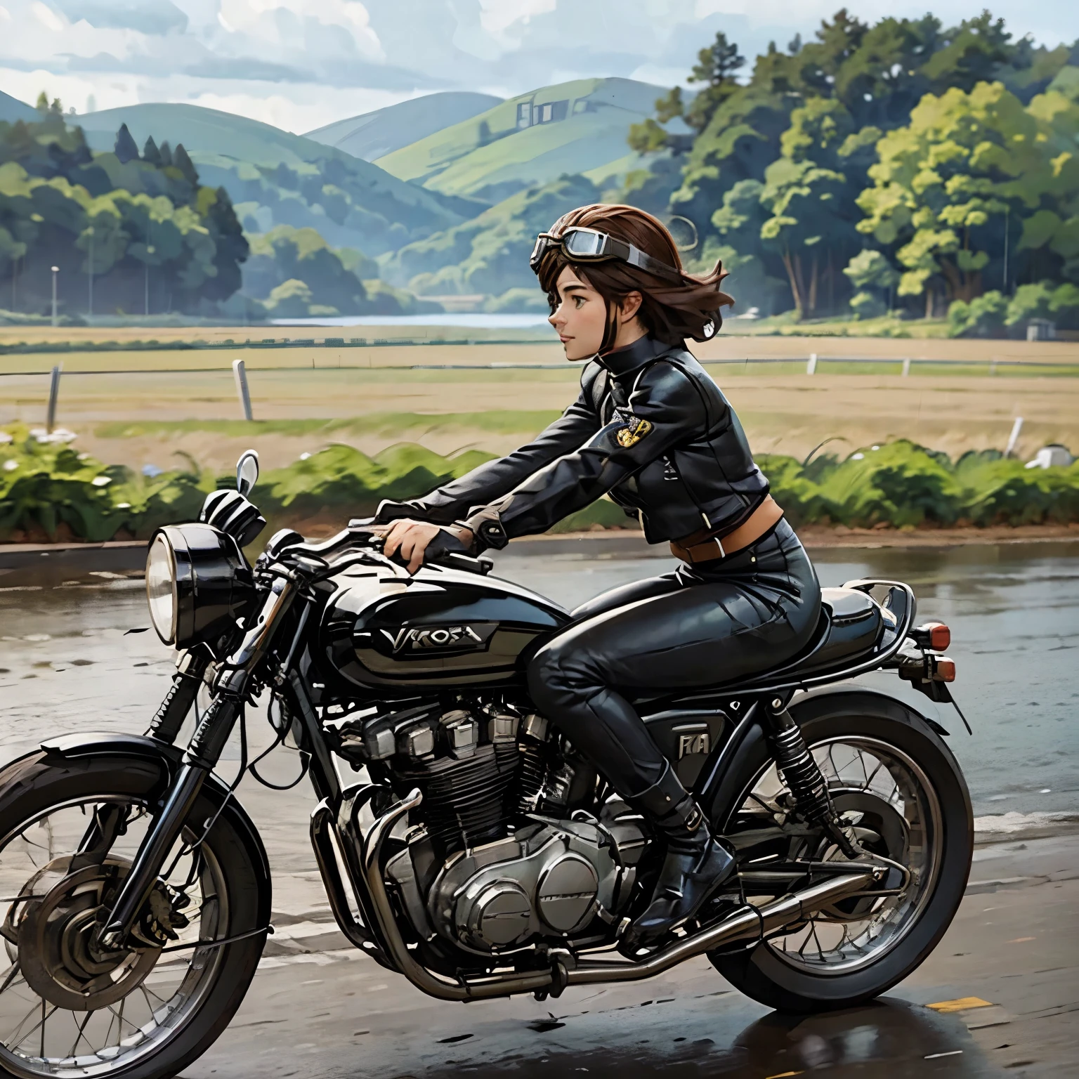 Vintage Bikes、victory、Isle of Man Races、(A young female rider speeds along on a motorcycle)、Leather jumper、Cromwell helmet with goggles、After the Rain、English countryside、