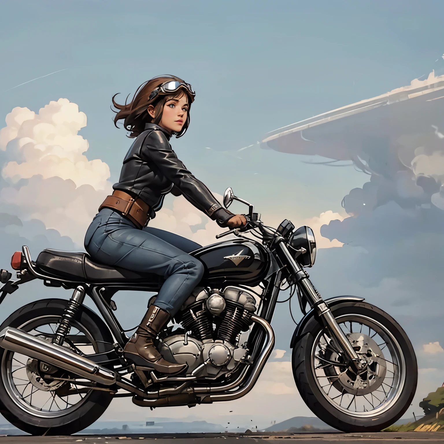 Vintage Bikes、victory、Isle of Man Races、(A young female rider speeds along on a motorcycle)、Leather jumper、Cromwell helmet with goggles、After the Rain、English countryside、