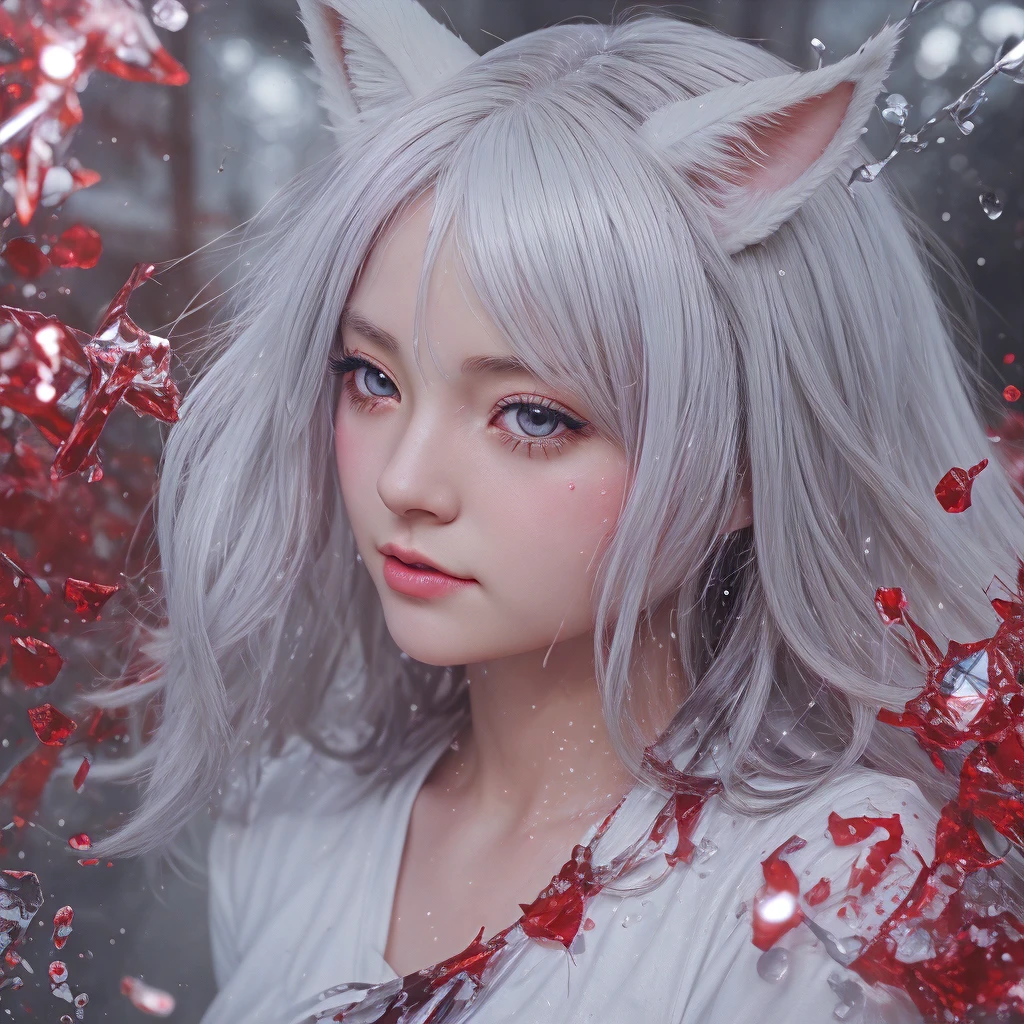 image of a white female anime character with fox ears, hair covering her eyes, the words "CUTE CHINO" in the middle, using water splash art color, add white-red drops of color to the grayscale image, add broken glass effect to make the photo more sparkling