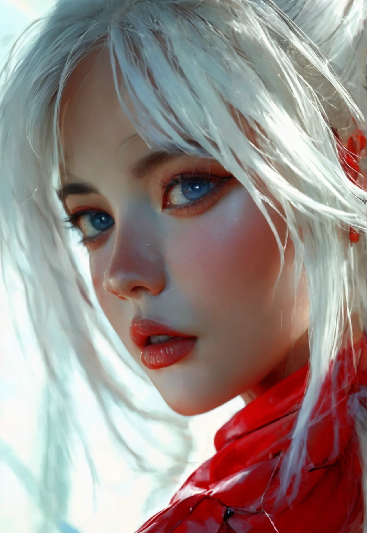 beautiful detailed eyes, beautiful detailed lips, extremely detailed eyes and face, long eyelashes, 1girl, woman, pastel white hair, sleepy eyes, red ninja clothes, perfect image, (best quality,4k,8k,highres,masterpiece:1.2),ultra-detailed,(realistic,photorealistic,photo-realistic:1.37),HDR,UHD,studio lighting,ultra-fine painting,sharp focus,physically-based rendering,extreme detail description,professional,vivid colors,bokeh,concept art