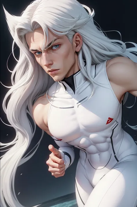 cute boy, seriously, x-men traits, white long hair, pale, eyes red, white x-men suit