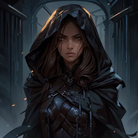 "a dark, detailed illustration of a fierce hooded woman with beautiful almond-shaped brown eyes. her gaze is tough and intimidat...