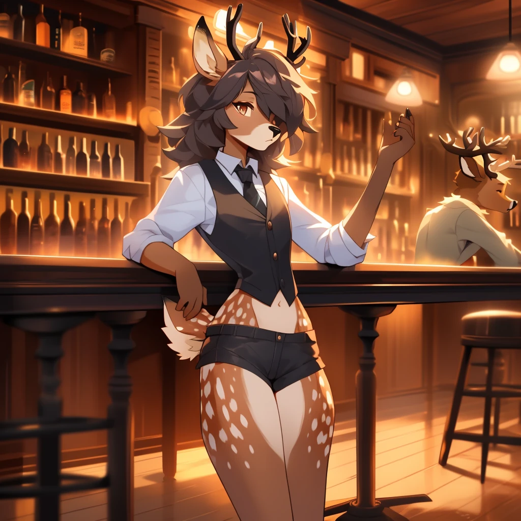 Best quality, super detailed illustration, warm colors, Ideal lighting, better detail, (fluffy deer boy:1.4) , feminine face and body, disheveled thick hair, Bartender's clothes, short shorts, shirt, vest, black butterfly, Sleepy view, bags under the eyes, femboy, small waist, wide hips, slim, perfect body, style &quot;DND&quot;