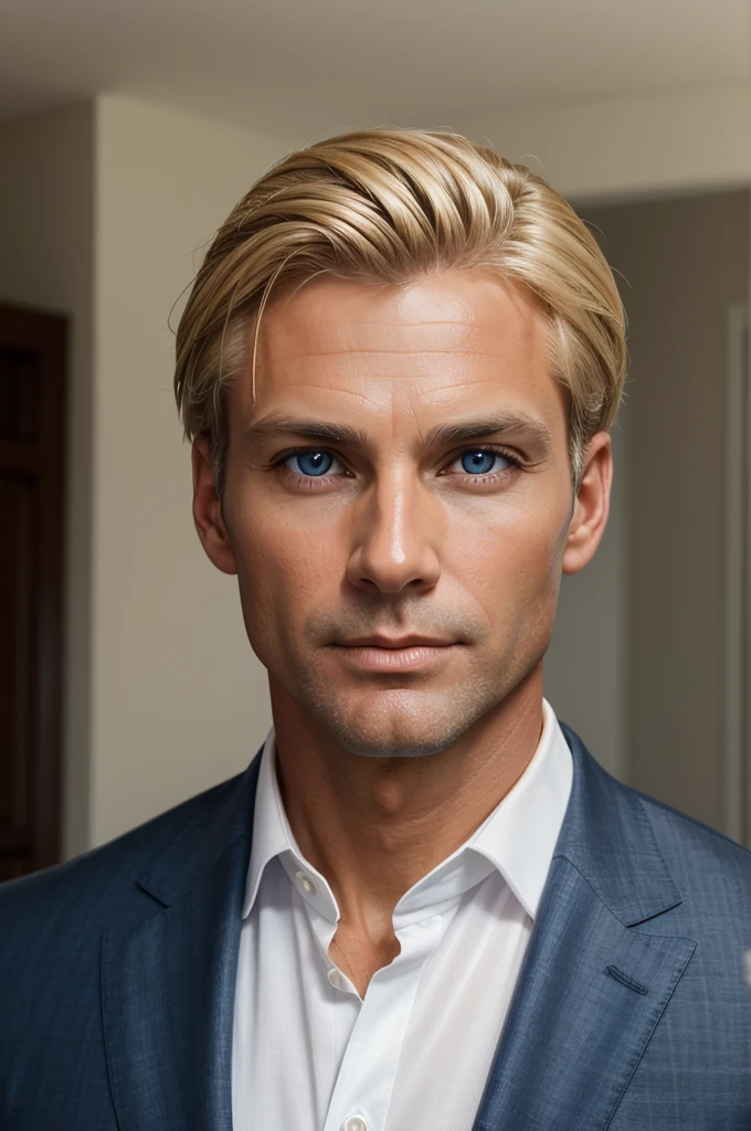 (best quality), 1boy, Male, 40 years old, mature male, tanned skin, blonde hair, medium hair, side part, dark blue eyes, perfect eyes, clean-shaven face, elegant, handsome, strong jawline, business suit, wealthy, sugardaddy, masterpiece, anatomically correct, highres
