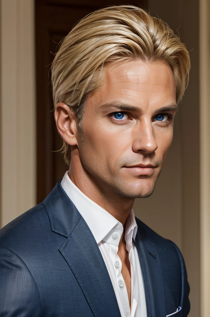 (best quality), 1boy, Male, 40 years old, mature male, tanned skin, blonde hair, medium hair, side part, dark blue eyes, perfect eyes, clean-shaven face, attractive, elegant, handsome, strong jawline, business suit, wealthy, sugardaddy, masterpiece, anatomically correct, highres
