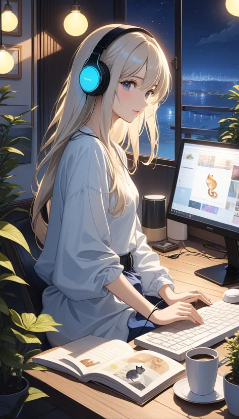 (super masterpiece　ultra high quality　ultra hd　ultra-high resolution) lo-fi style、anime、a woman wearing headphones is using a co...