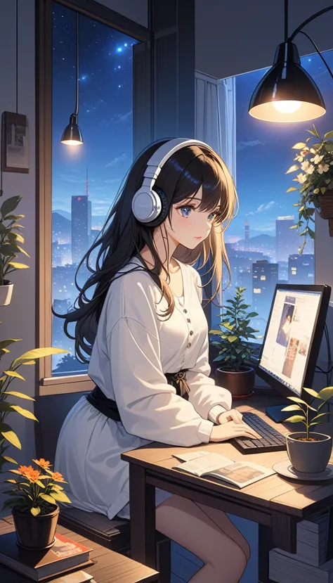 (super masterpiece　ultra high quality　ultra hd　ultra-high resolution) lo-fi style、anime、a woman wearing headphones is using a co...