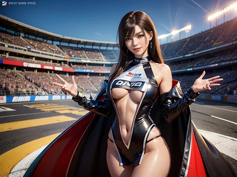 unreal engine 5 realistic rendering, random posing, race queen、uniform with sponsor logo、 a milf、exquisite beauty、beautiful face...