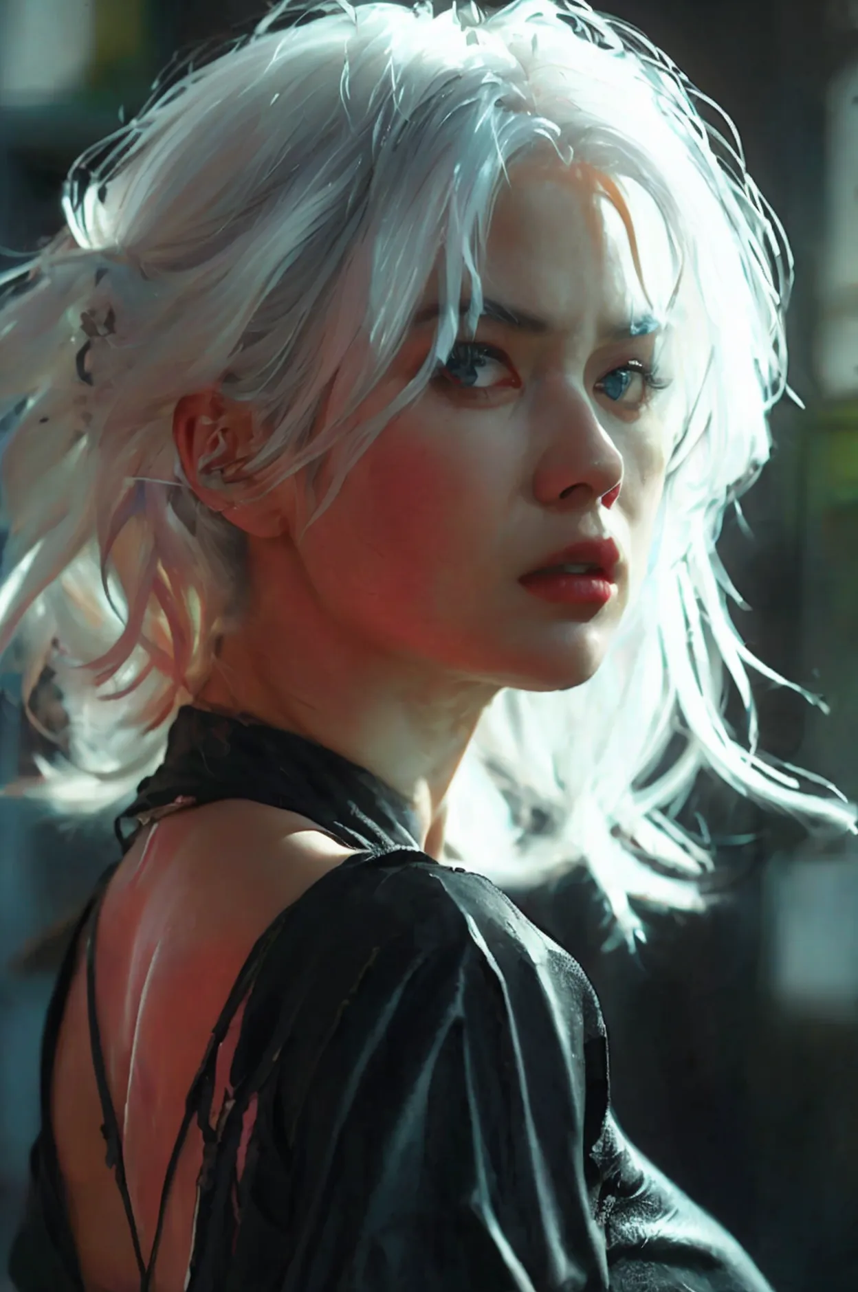 a woman with pastel white hair, black eyes, wearing black ninja clothes, perfect anatomy, realistic, best composition, cinematic...