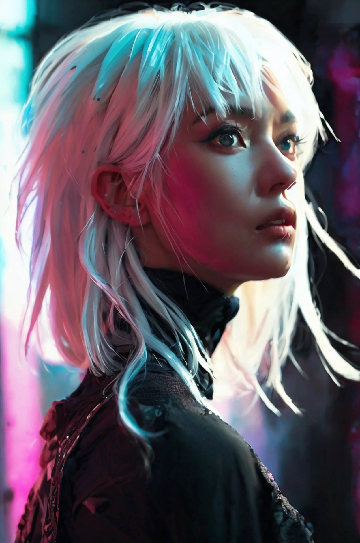 A woman with pastel white hair, black eyes, wearing black ninja clothes, perfect anatomy, realistic, best composition, cinematic lighting, highly detailed, photorealistic, 8k, masterpiece, elegant, graceful, powerful, dynamic pose, moody atmosphere, dramatic shadows, vibrant colors, chiaroscuro, cinematic composition, mesmerizing gaze, striking portrait