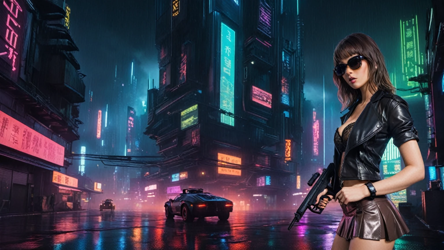 (low angle view), Blade Runner style futuristic city, flying cars, neon lights, rainy night. (1girl, solo, alone), large-breast:1.2 slim body, slim face, cleavage:1.1, sexy laced lingerie, very low angle view miniskirt, jacket, (black micro sunglasses), (holding a short gun), running pose, half-body thigh level medium shot, cinematic lighting, ray tracing.