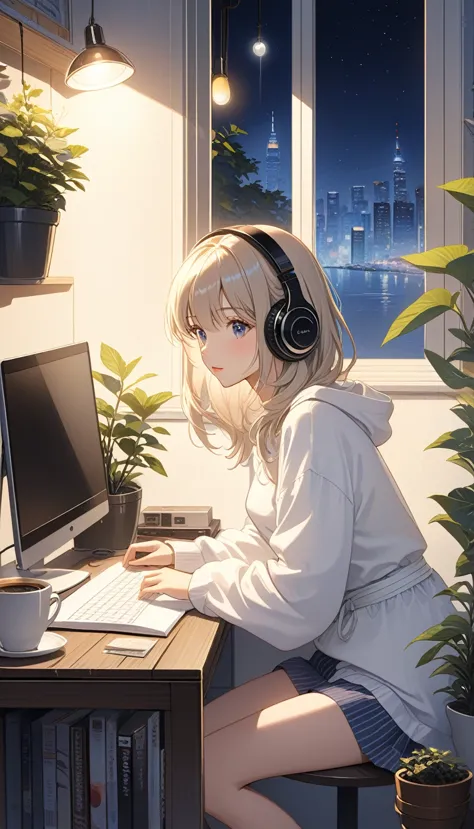 (super masterpiece　ultra high quality　ultra hd　ultra-high resolution) lo-fi style、anime、a woman wearing headphones is looking at...