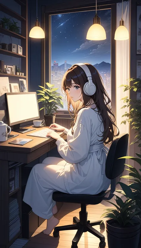 (super masterpiece　ultra high quality　ultra hd　ultra-high resolution) lo-fi style、anime、a woman wearing headphones is looking at...