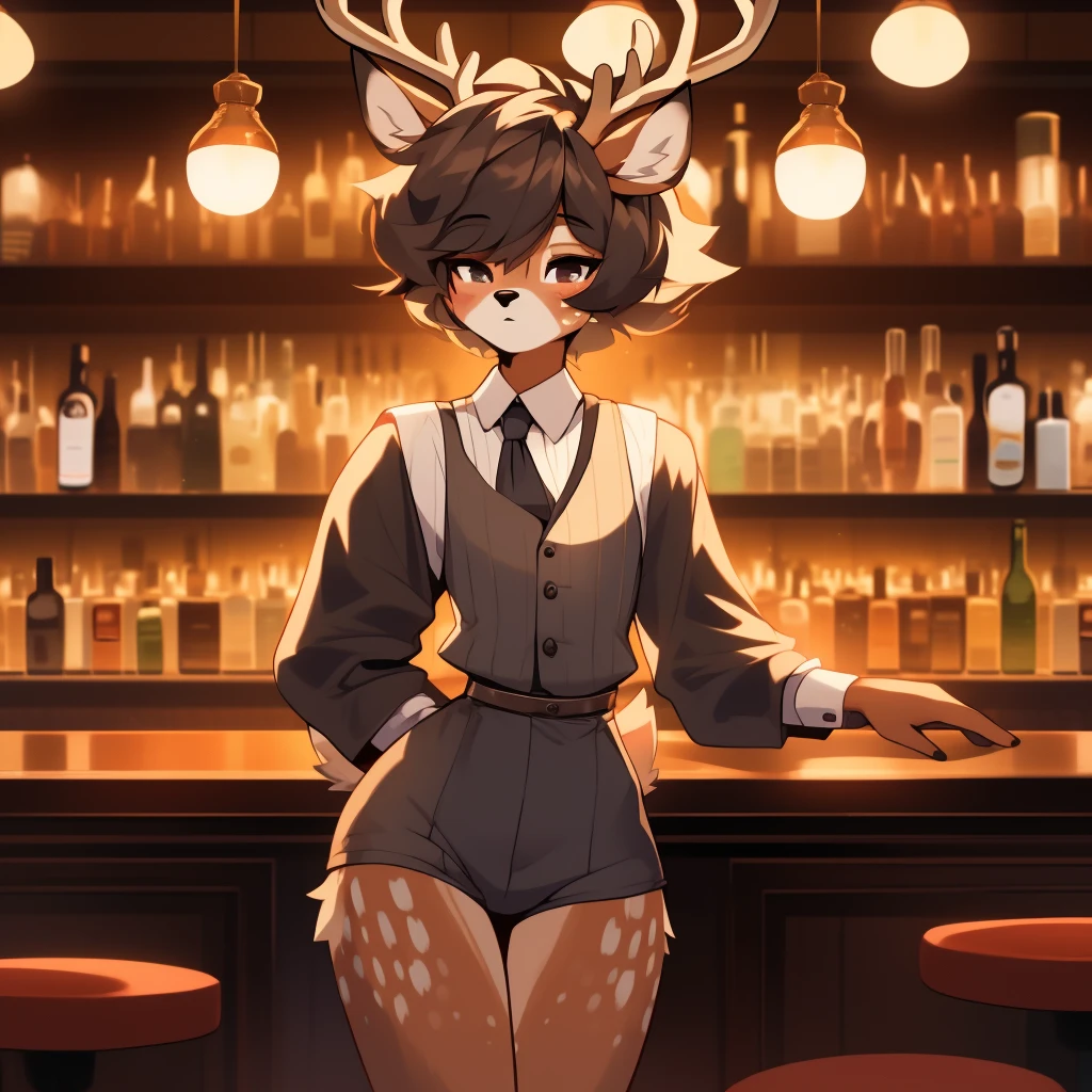 Best quality, super detailed illustration, warm colors, Ideal lighting, better detail, (fluffy deer boy:1.4) , feminine face and body, disheveled thick hair, Bartender's clothes, short shorts, shirt, vest, black butterfly, Sleepy view, bags under the eyes, femboy, small waist, wide hips, slim, perfect body, style &quot;DND&quot;