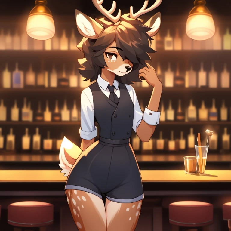 Best quality, super detailed illustration, warm colors, Ideal lighting, better detail, (fluffy deer boy:1.4) , feminine face and body, disheveled thick hair, Bartender's clothes, short shorts, shirt, vest, black butterfly, Sleepy view, bags under the eyes, femboy, small waist, wide hips, slim, perfect body, style &quot;DND&quot;