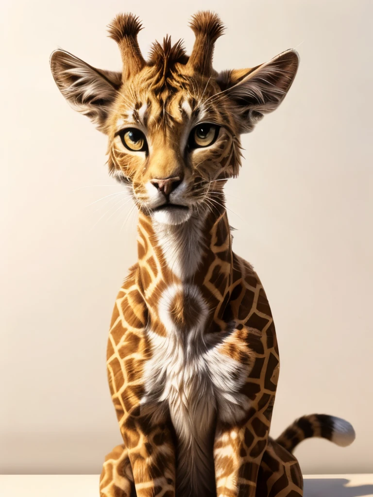 there is a cat sitting on a white surface looking at the camera, cat giraffe hybrid, the cat looks like giraffe, very handsome, spotted ultra realistic, cat dog hybrid, has a very realistic look to it, sora as a cat, tabaxi male, a handsome, high-resolution photo, cute looking, awesome cat, a cat, human cat hybrid