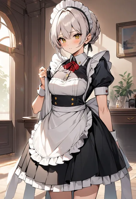 private maid, (compensate:1.2),  maid&#39;s headdress, hair clip, cleavage, huge breasts, neck bell, bow, ((maid apron)), white ...