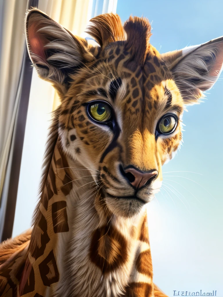 there is a cat sitting on a white surface looking at the camera, a pastel by Elizabeth Charleston, flickr, mingei, cat giraffe hybrid, the cat looks like giraffe, very handsome, spotted ultra realistic, cat dog hybrid, has a very realistic look to it, sora as a cat, tabaxi male, high-resolution photo, a handsome