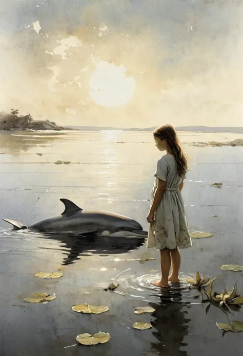 a poetic sketch about the friendship of a girl and a dolphin.  masterpiece. the art by andrew wyeth features a muted floral pale...