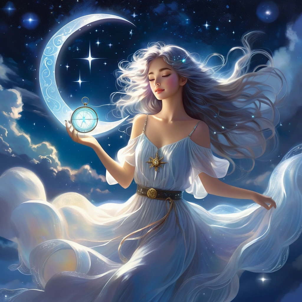 the girl, ethereal and serene, floats among a cloud of shimmering stardust holding a compass that glows with soft heavenly light. Her hair flows softly in the wind and her eyes gaze dreamily at the breathtaking full moon that illuminates the surrounding fantastic landscape.