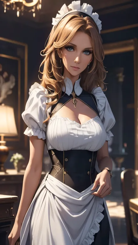 a beautiful woman (celine dion, dark skin), housekeeper, 1girl, modeling, blue eyes, detailed portrait, sexy maid outfit, maid u...