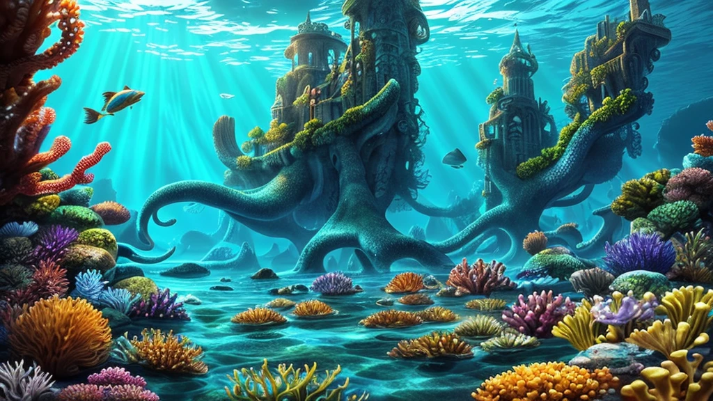 A detailed, fantasy underwater city, atlantis, highly detailed underwater architecture, glowing crystal structures, bioluminescent sea creatures, schools of colorful fish, atmospheric lighting, cinematic composition, (best quality,4k,8k,highres,masterpiece:1.2),ultra-detailed,(realistic,photorealistic,photo-realistic:1.37),cinematic lighting,dramatic shadows,volumetric lighting,vibrant colors,octopus,mermaid,ancient ruins,underwater plants,kelp forest,coral reef,sunken ships,glowing crystals,dramatic sky