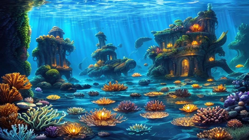 A detailed, fantasy underwater city, atlantis, highly detailed underwater architecture, glowing crystal structures, bioluminescent sea creatures, schools of colorful fish, atmospheric lighting, cinematic composition, (best quality,4k,8k,highres,masterpiece:1.2),ultra-detailed,(realistic,photorealistic,photo-realistic:1.37),cinematic lighting,dramatic shadows,volumetric lighting,vibrant colors,octopus,mermaid,ancient ruins,underwater plants,kelp forest,coral reef,sunken ships,glowing crystals,dramatic sky