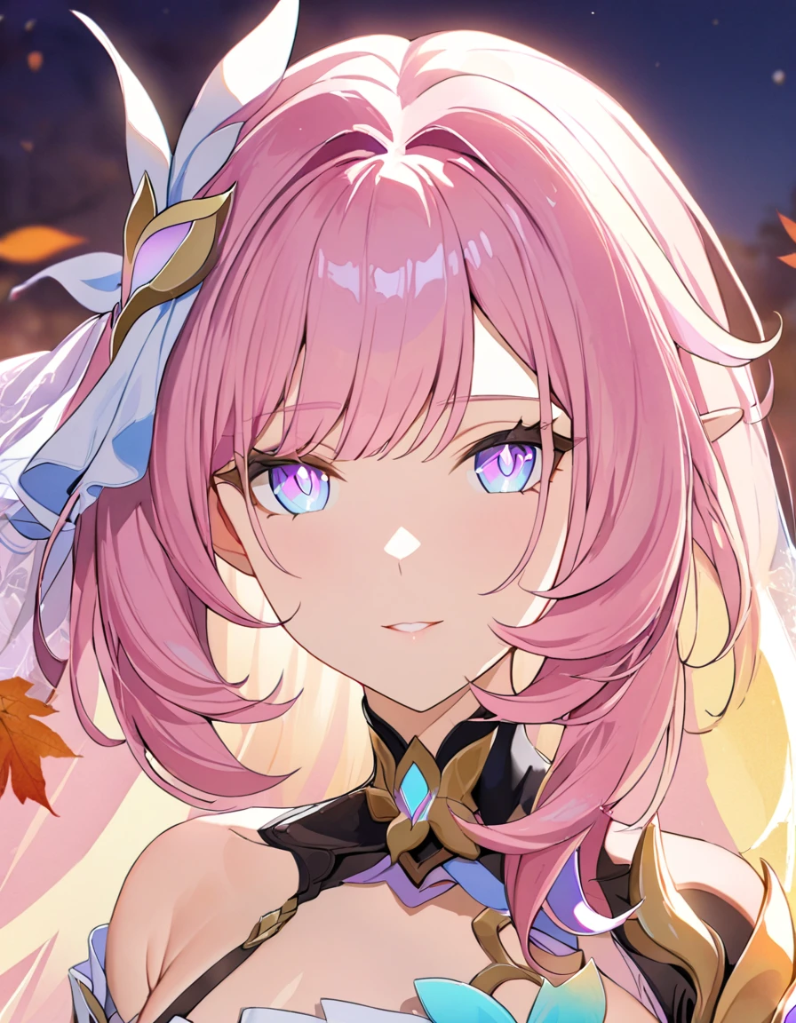 1girl,elysia_\(honkai_impact\),(8K, Highest quality, masterpiece:1.2),(Highest quality:1.0), (Ultra-high resolution:1.0), watercolor, Beautiful woman, shoulder, Hair Ribbon, Agnes Cecil, Half Body Portrait, Very bright and luminous design, pastel colour, (ink:1.3), Autumn Light,large breasts 