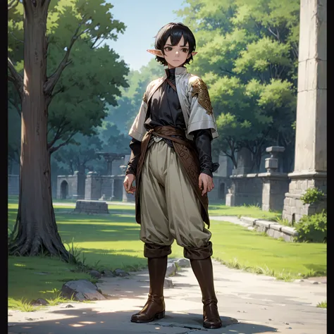 solo character, full body version, young man, (elf), black eyes, black color hair, short hair, casual clothing, white color clot...