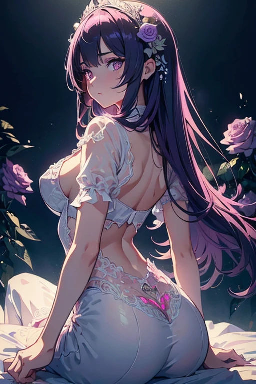 (masterpiece:1.2), Best Quality, (illustration:1.2), (ultra detailed), hyper details, (delicate detailed), (intricate details), (cinematic light, Best Quality Backlights), Delete line, soloist, perfect body, (1 girl), stylized artwork, purple and pink theme, girl, Purple long hair, white empty eyes, pink top, pink roses, see through skeleton overlay, foliage, leaves, Watercolor splash, (make up), high contrast, (better lighting, an extremely created and beautiful), (cinematic light), showy,