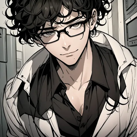 young man, black hair, curly hair, black eyes, smug face, fair skin, wear glasses, black shirt, mole on face, details, best qual...