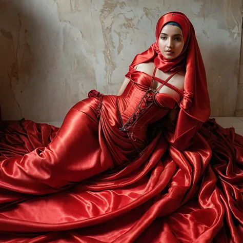 a slave woman shrouded in a 7-meter-long, plush red satin cloth, tightly bound and grandly draping along the form of her body, f...