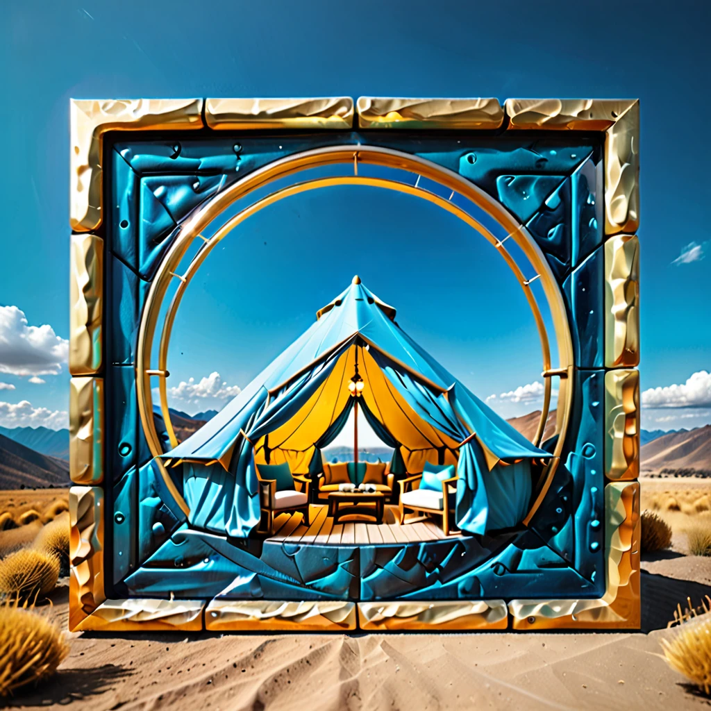 Glamping、symbol、Three-dimensional、Shine、Shine、gold、The background is blue sky、The periphery is a luxurious frame.