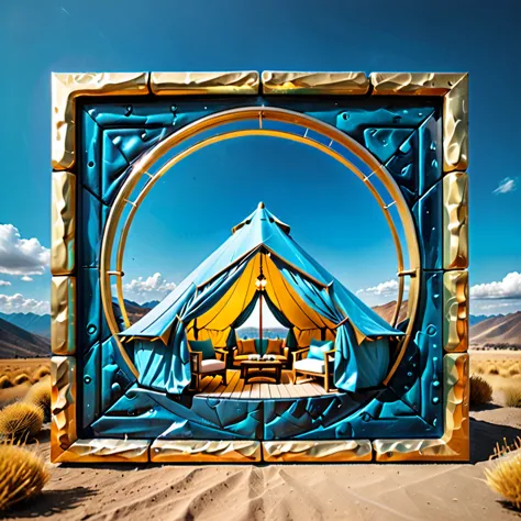 glamping、symbol、three-dimensional、shine、shine、gold、the background is blue sky、the periphery is a luxurious frame.