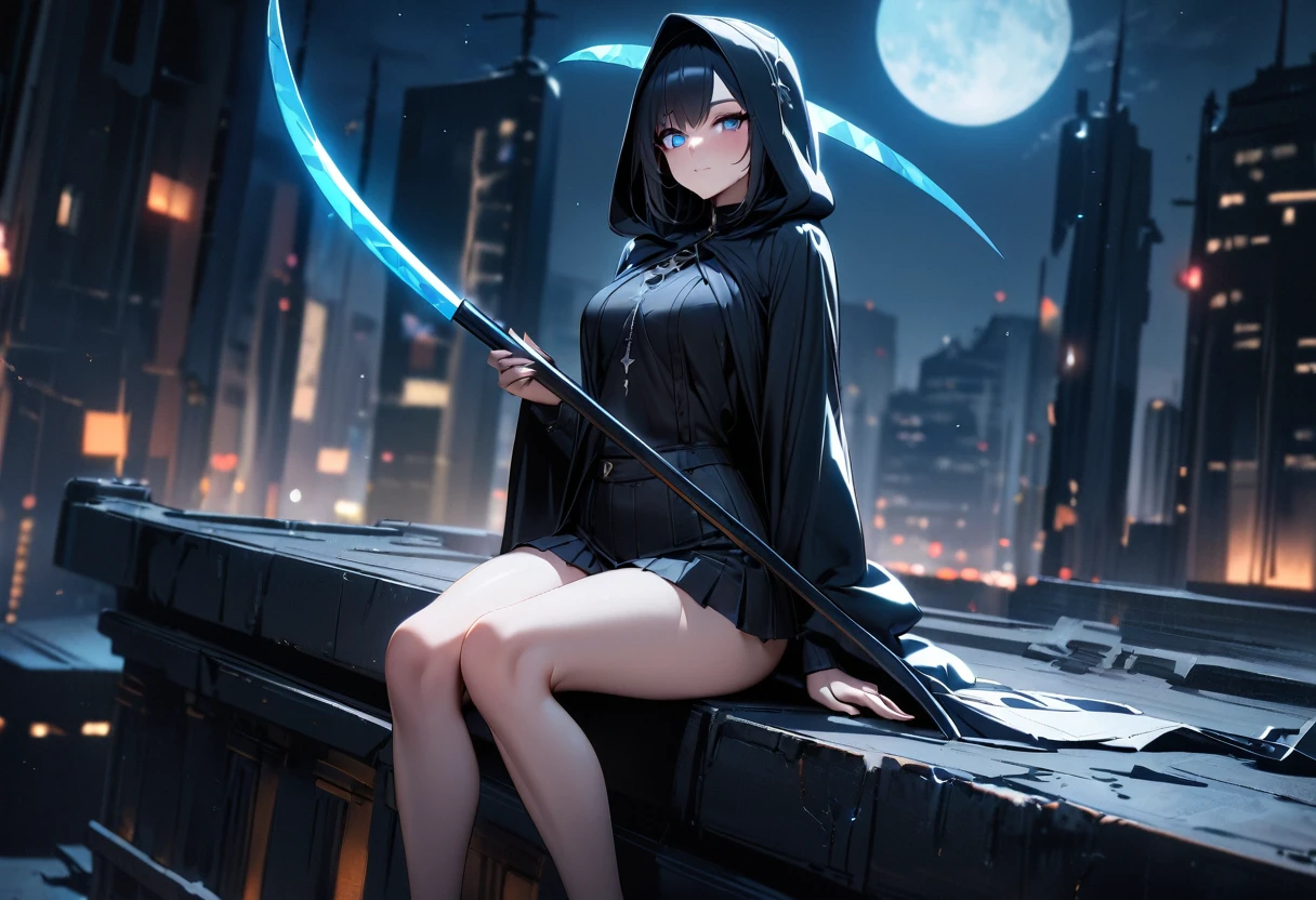 uhd, textured skin, high quality, high details, masterpiece, best quality, 1girl, grim Reaper, Twin tails, Black tattered cloak, Wearing a hood, mini skirt, (Big sickle, Perfectly shaped), Blue haze on left eye, ((Sitting on top of a building)), Moonlit Night, Familiar, Beautiful digital artwork