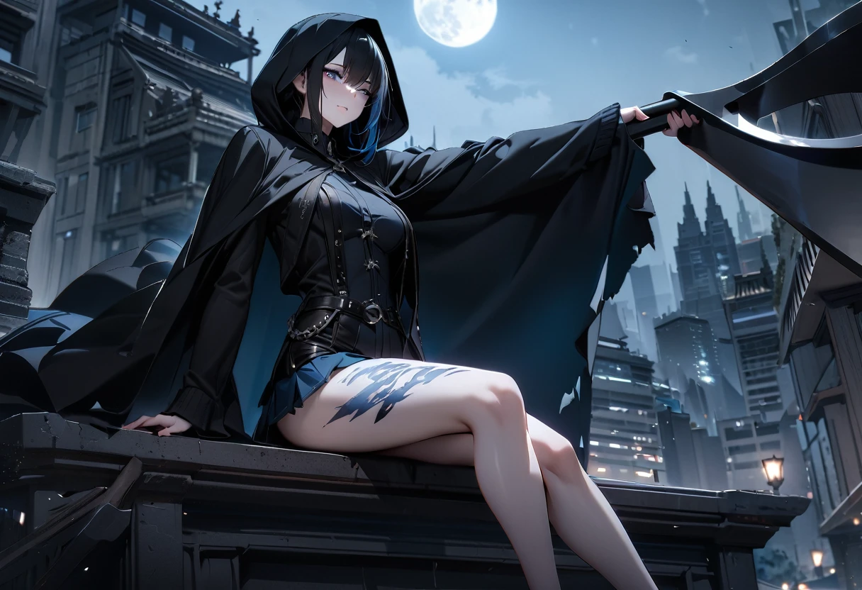 uhd, textured skin, high quality, high details, masterpiece, best quality, 1girl, grim Reaper, Twin tails, Black tattered cloak, Wearing a hood, mini skirt, (Big sickle, Perfectly shaped), Blue haze on left eye, ((Sitting on top of a building)), Moonlit Night, Familiar, Beautiful digital artwork