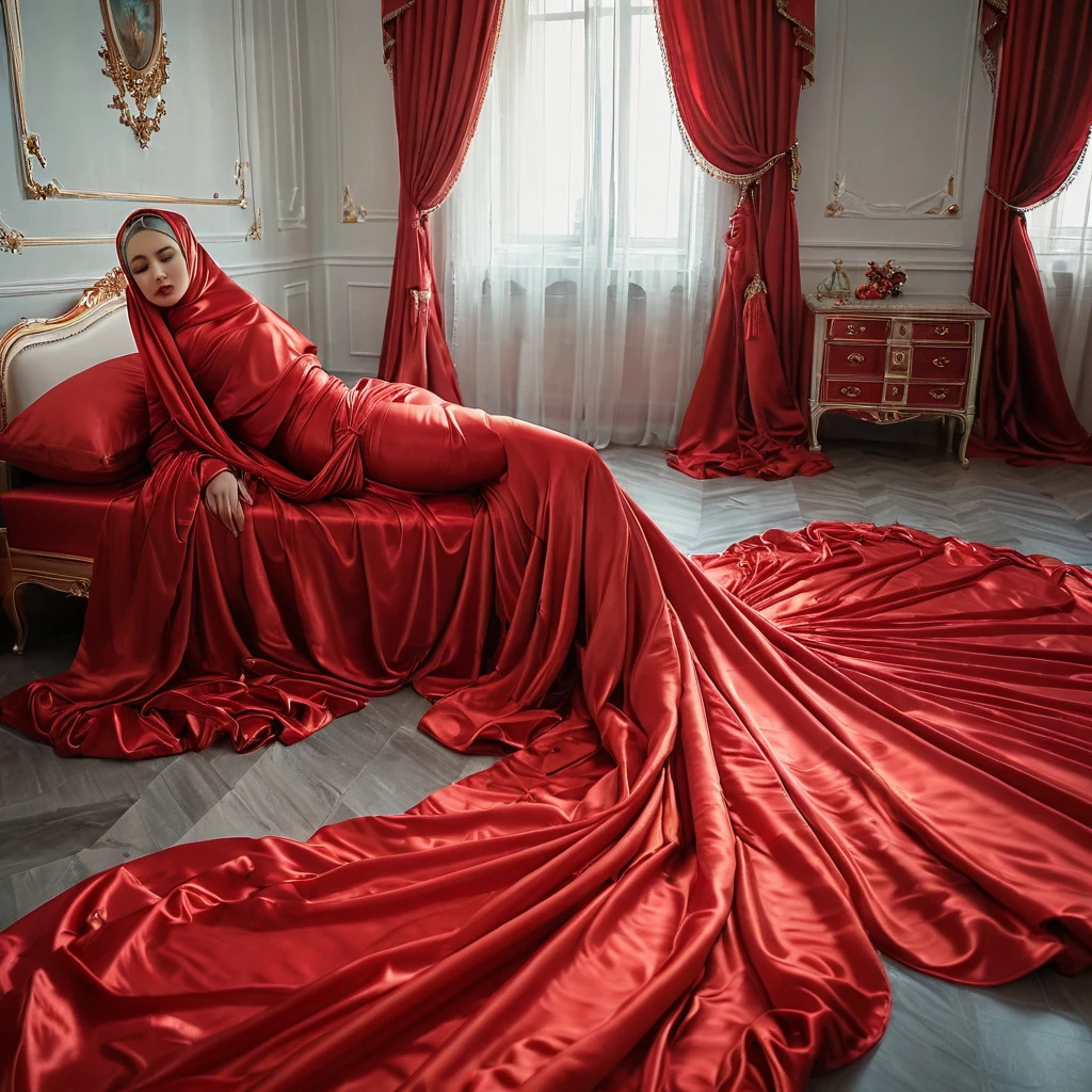 A rusian woman shrouded in a 7-meter-long, plush red satin cloth, tightly bound and grandly draping along the form of her body, flowing off into a pooled floor-length train, styled in a mermaid-inspired outfit, her head modestly veiled in a satin hijab, tall woman, in luxury bed room,satin sheet, a full-body pose conveying a sense of mysterious elegance, captured in a 4k resolution, ultra-realistic