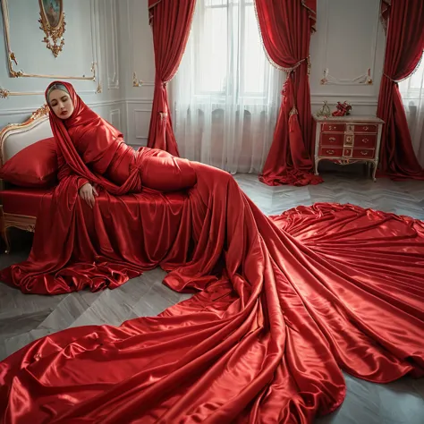 a rusian woman shrouded in a 7-meter-long, plush red satin cloth, tightly bound and grandly draping along the form of her body, ...