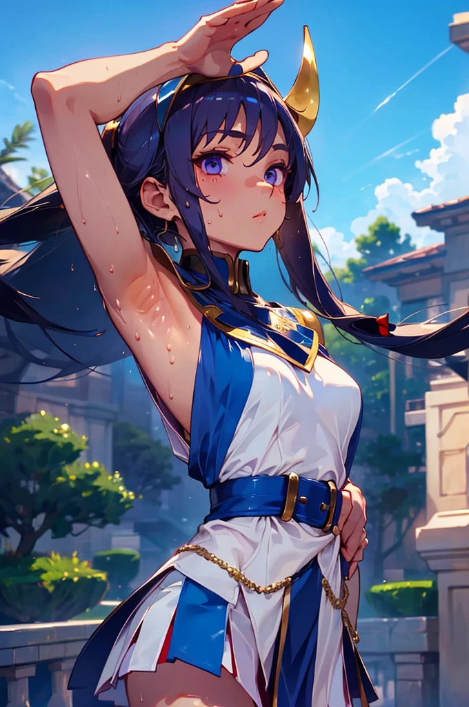 beautiful girl、Raise your hands to show your sweaty armpits、An unparalleled masterpiece, 4K, (Highest quality:1.2), (Very detailed:1.2), Detailed Shadows,, Day光, Day, Outdoor, Are standing, Spread your armpits