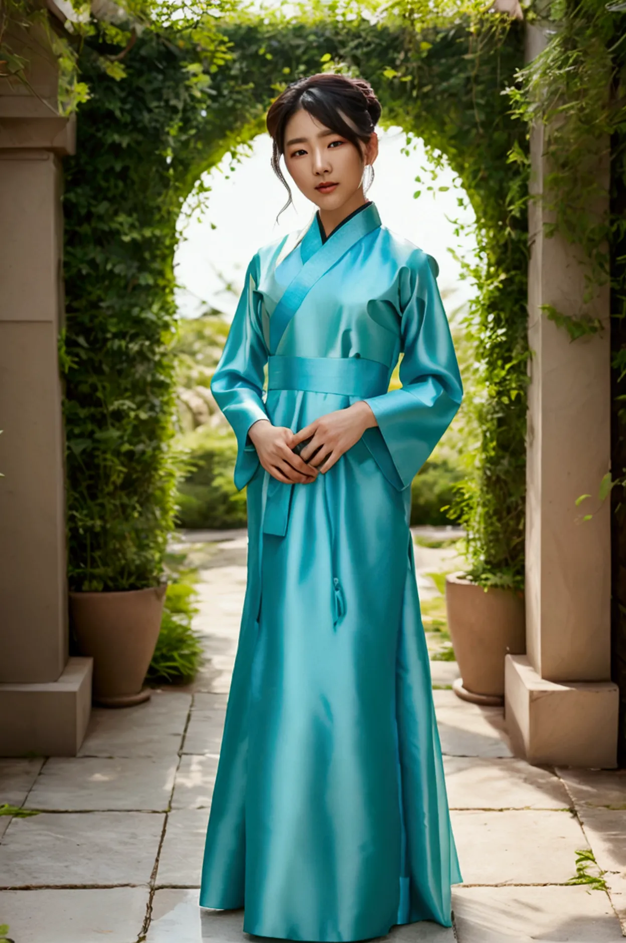 a young korean woman, aged 22, dressed in a vibrant traditional hanbok, standing confidently in a serene garden setting. the int...