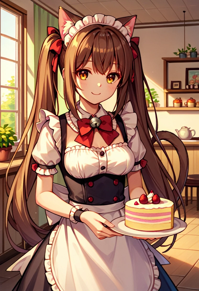 Chocola 1 girl with long brown hair, amber eyes, long hair, pigtails smile, silver bell on neck, maid uniform, cafe room, indoors , red bows, hold  dish with cake, cat ears, cat tail