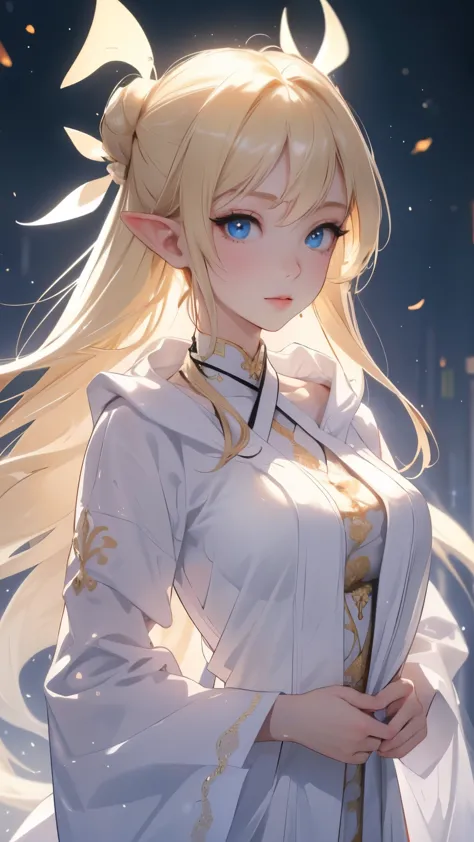 piece of art, epic details, ultra detailed, a high resolution, blonde, beautiful elf, hair tied up in an elegant bun, angelic fa...