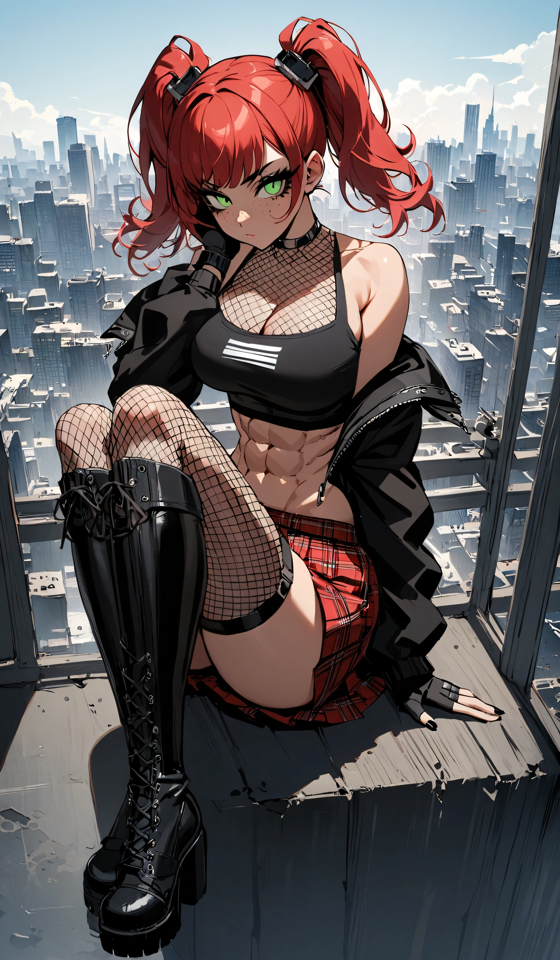 woman, stoic, curly red hair in pig tails, green eyes, black eyeshadow, wearing crop top black shirt, long black jacket, red plaid skirt, black knee high boots, black fingerless gloves, exposed shoulders, large breasts, freckles, abs, cleavage, looking down at viewer, masterpiece, best quality, Holo-Punk Style, cityscape, make up, eyelashes, fish net undershirt, fish net stockings, (full body), legs crossed