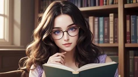 wearing glasses，reading a book in the library，gold frame round glasses, wavy hair、very cute face、long hair、long hair、soft light,...