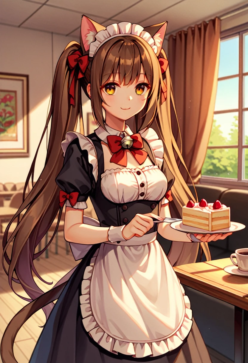 Chocola 1 girl with long brown hair, amber eyes, long hair, pigtails smile, silver bell on neck, maid uniform, cafe room, indoors , red bows, hold  dish with cake, cat ears, cat tail